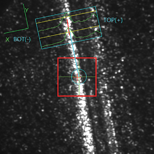 Edge detection of two metal sheets to be welded, captured by the Lessmuller system. The red square with the blue circle is the position of the laser spot. (Credit: Blackbird Robotersysteme and Lessmuller)