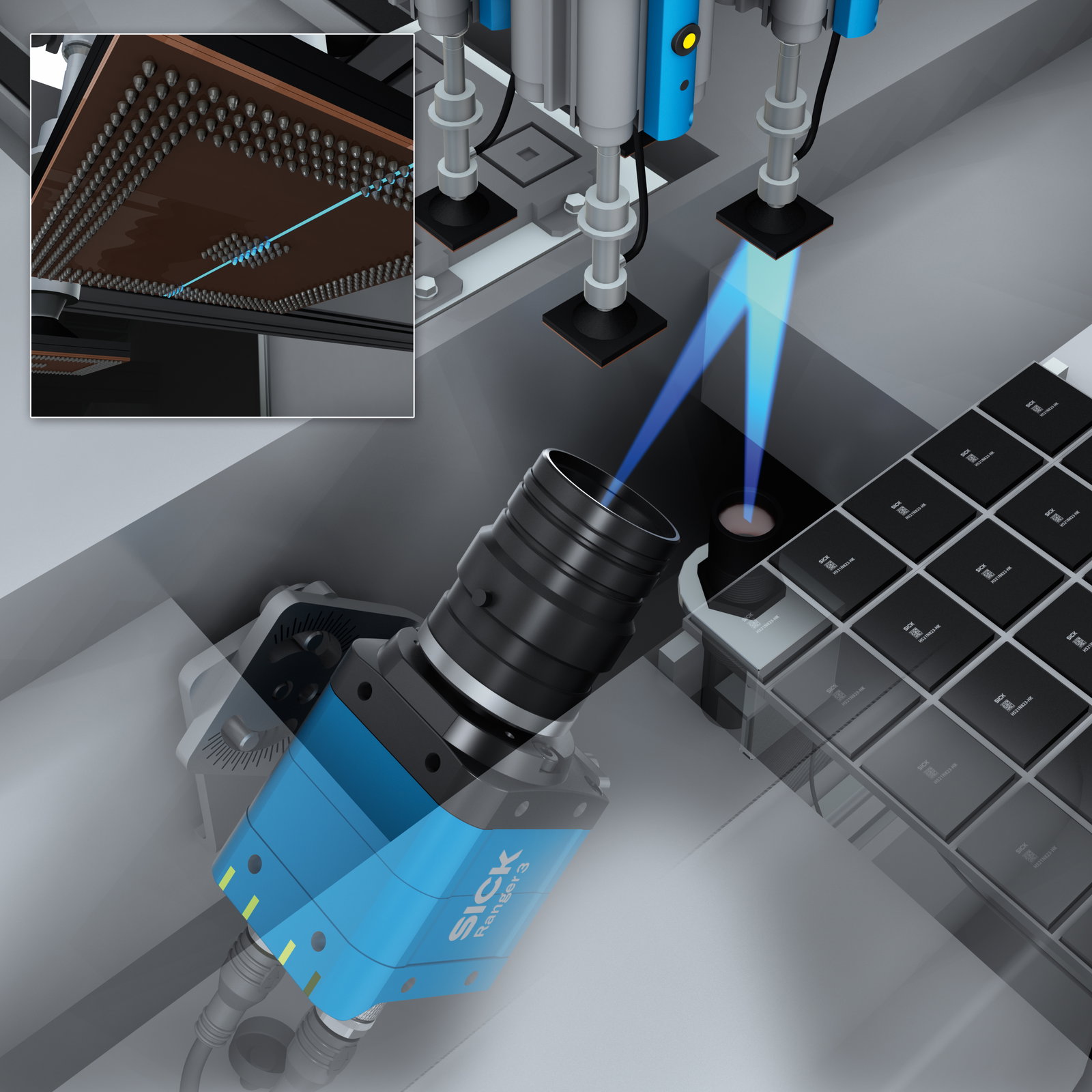 Sick's Ranger3 camera performing 3D inspection and surveying of semiconductor chip connections (Image: Sick)