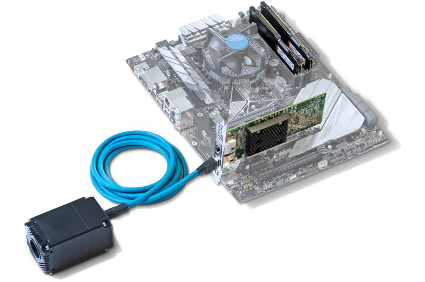 A motherboard with an integrated RDMA card linked to a Lucid Atlas10 camera (Image: Lucid Vision Labs)