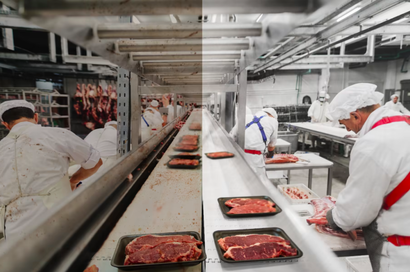 Workers on meat packing conveyor belt