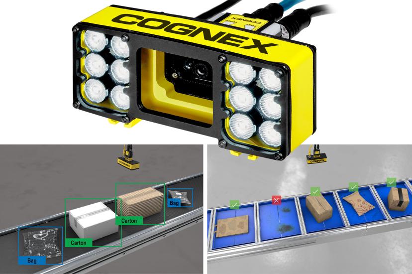 Cognex’s In-Sight 2800 Detector with two inset images of it detecting packages