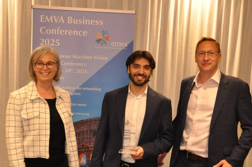 EMVA Board Member Petra Thanner and EMVA President Dr Chris Yates, right, present the EMVA Young Professional Award 2025 to Dr Rolandos Alexandros Potamias at teh 2025 EMVA Business Conference in Rome (Image: EMVA)