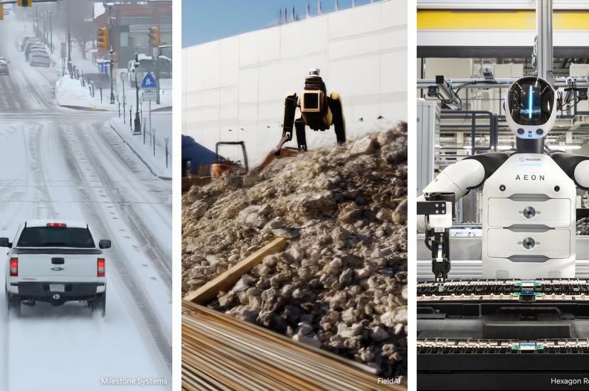 Car driving in snow and humanoid robots working in recycling and on a production line