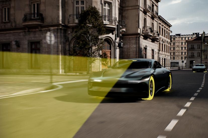 Depiction of a car with vision and tyre sensors gathering road data in Italy