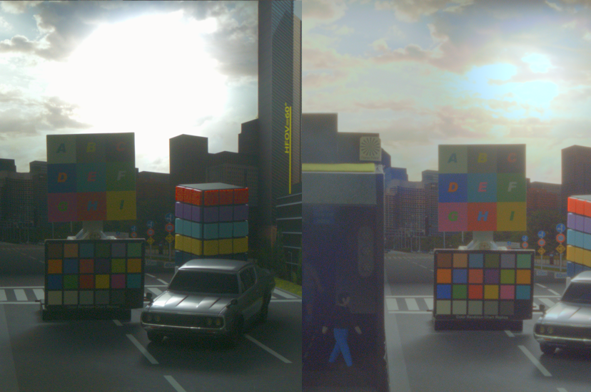 Comparison between imaging with standard image sensor with multiple exposure and new single-exposure image sensor