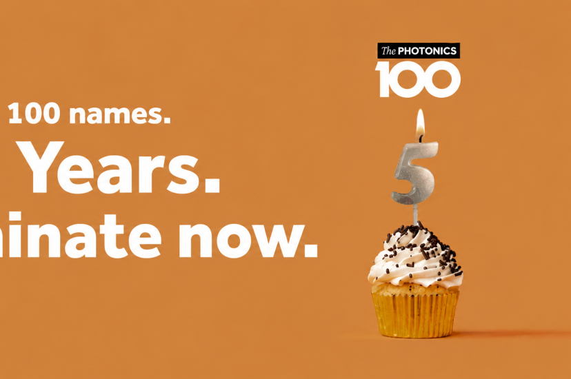 Promotional graphic for The Photonics100 featuring a cupcake topped with a lit silver number 5 candle against a warm orange background. Large white text reads: "100 names. 5 Years. Nominate now." The Photonics100 logo appears above the candle. The image celebrates the fifth anniversary of The Photonics100 and encourages nominations.