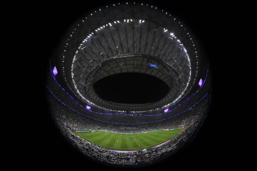 fish-eye view of Stadium 974 in Doha, Qatar, during the FIFA 2022 World Cup