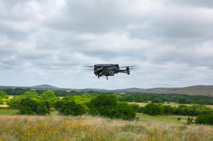 Unmanned aerial drone during US Marine training at Fort Still, Oklahoma, US