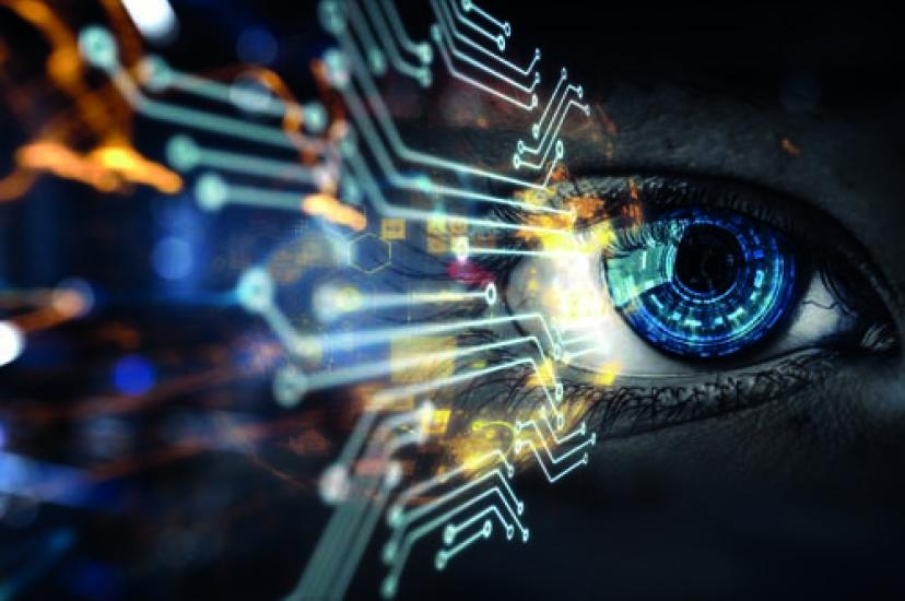 Eye behind circuit connections, representing physical AI