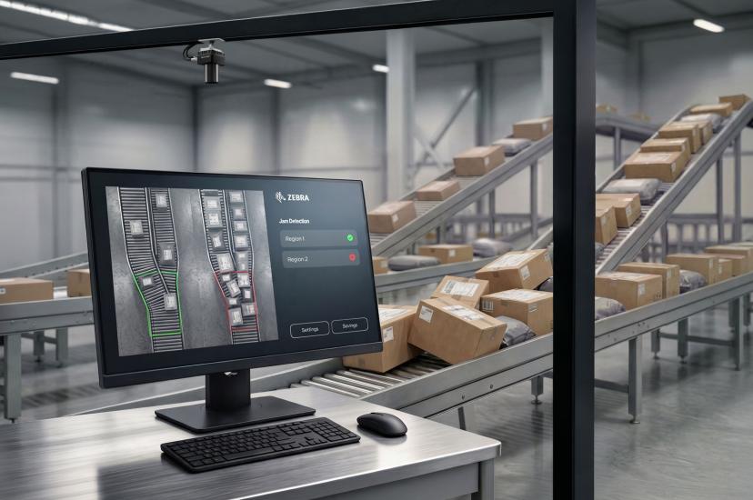Vision software used on a computer in a logistics warehouse with parcels on conveyors in the background