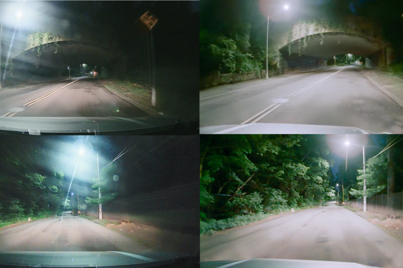 Four images of two scenes from different automotive dash-cameras of a night-driving scene. Two with motion blur, two without