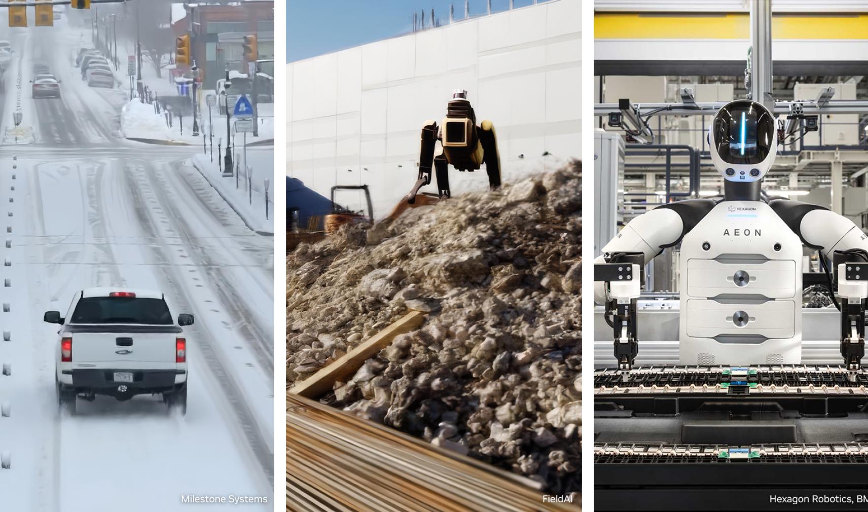 Car driving in snow and humanoid robots working in recycling and on a production line