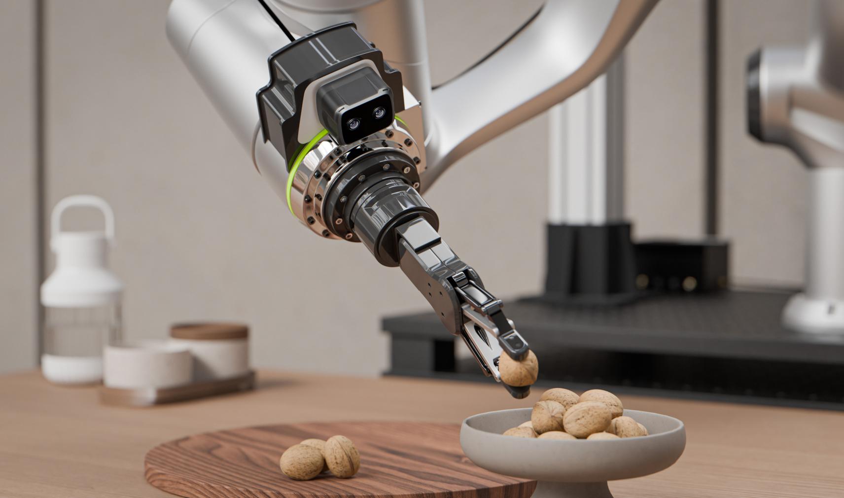 The wrist-mounted ZED X Nano camera, modelled by a robot arm