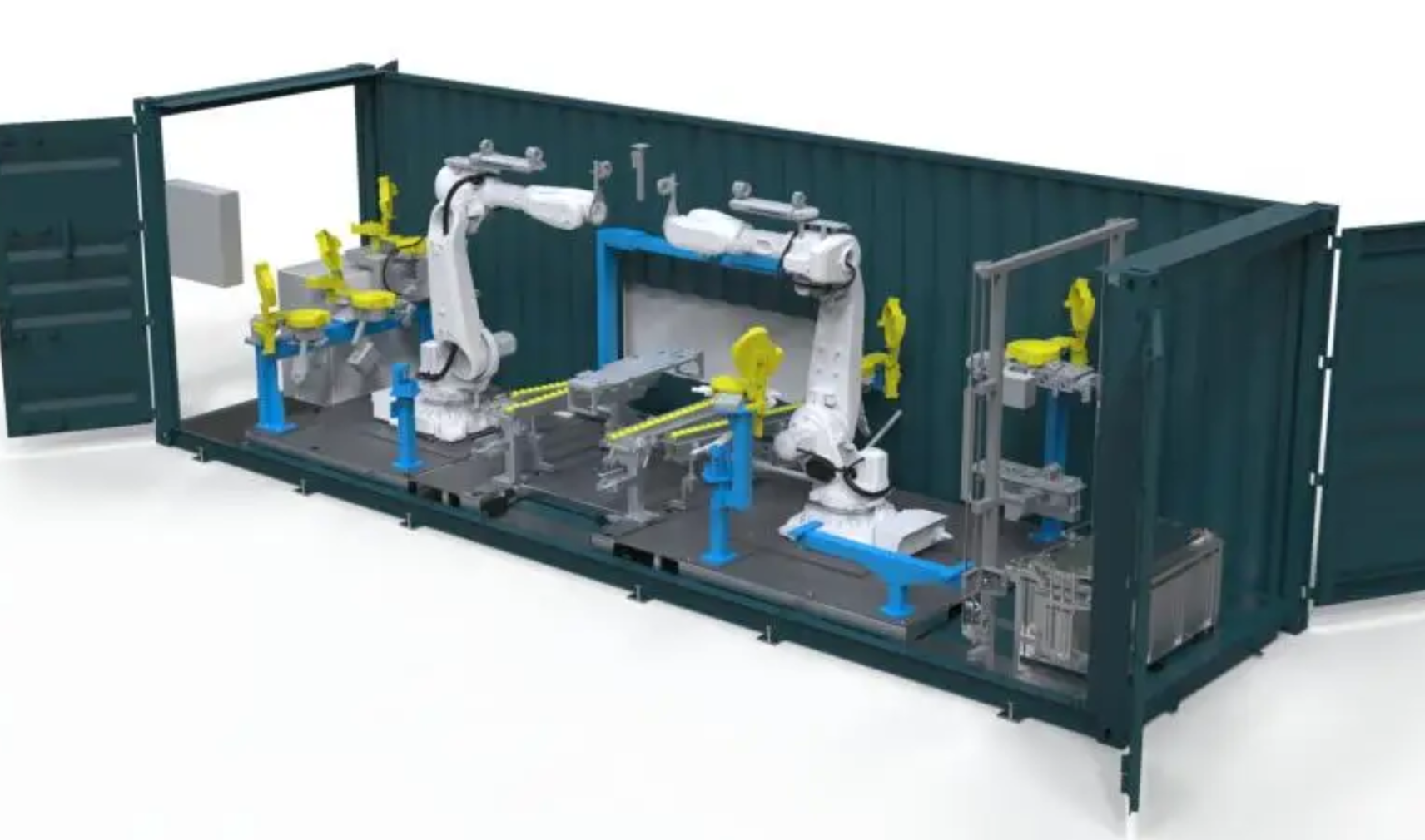 Visualisation of the module battery recycling facility fitting inside the footprint of a standard shipping container