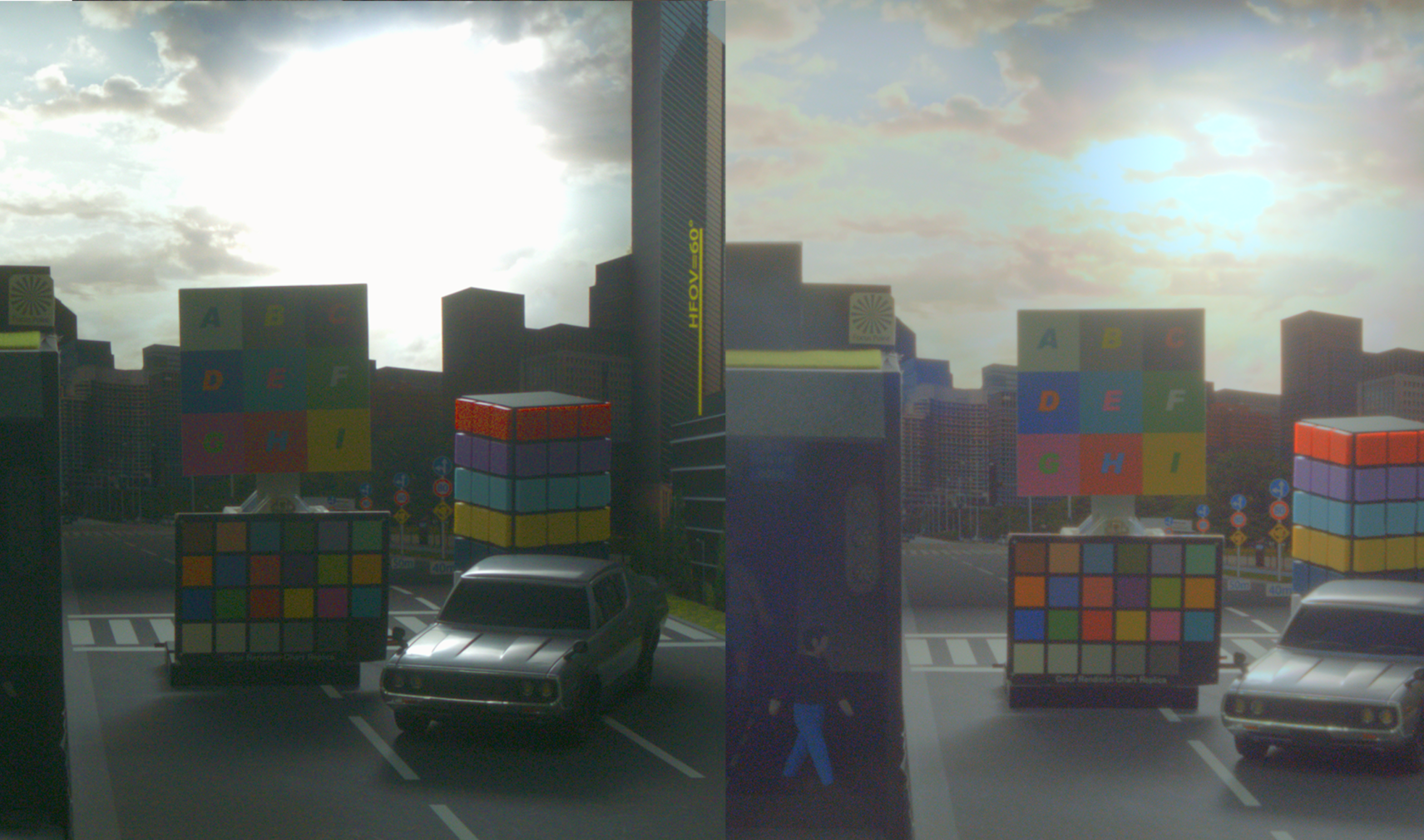Comparison between imaging with standard image sensor with multiple exposure and new single-exposure image sensor