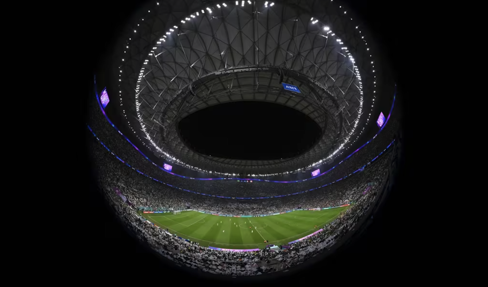 fish-eye view of Stadium 974 in Doha, Qatar, during the FIFA 2022 World Cup