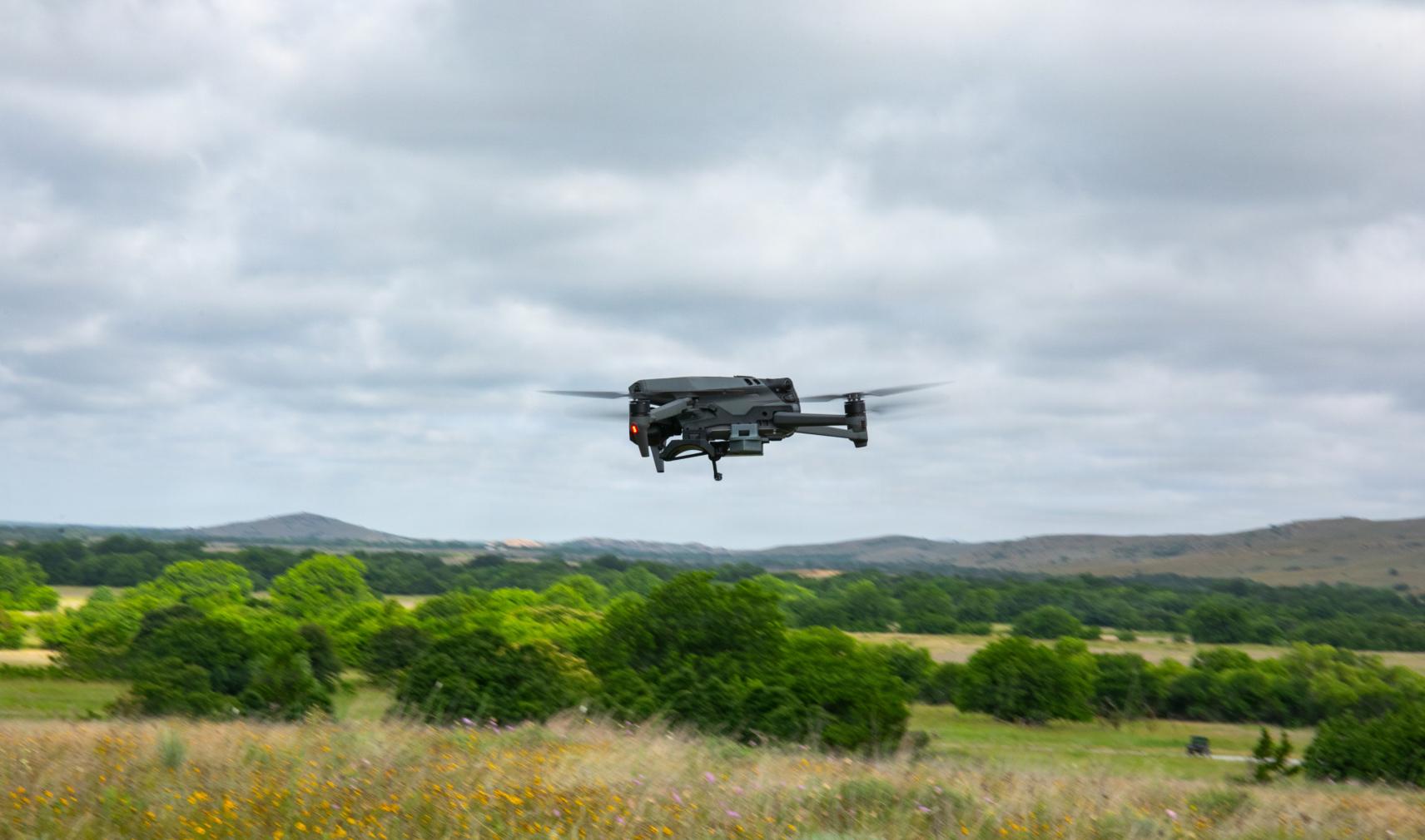 Unmanned aerial drone during US Marine training at Fort Still, Oklahoma, US