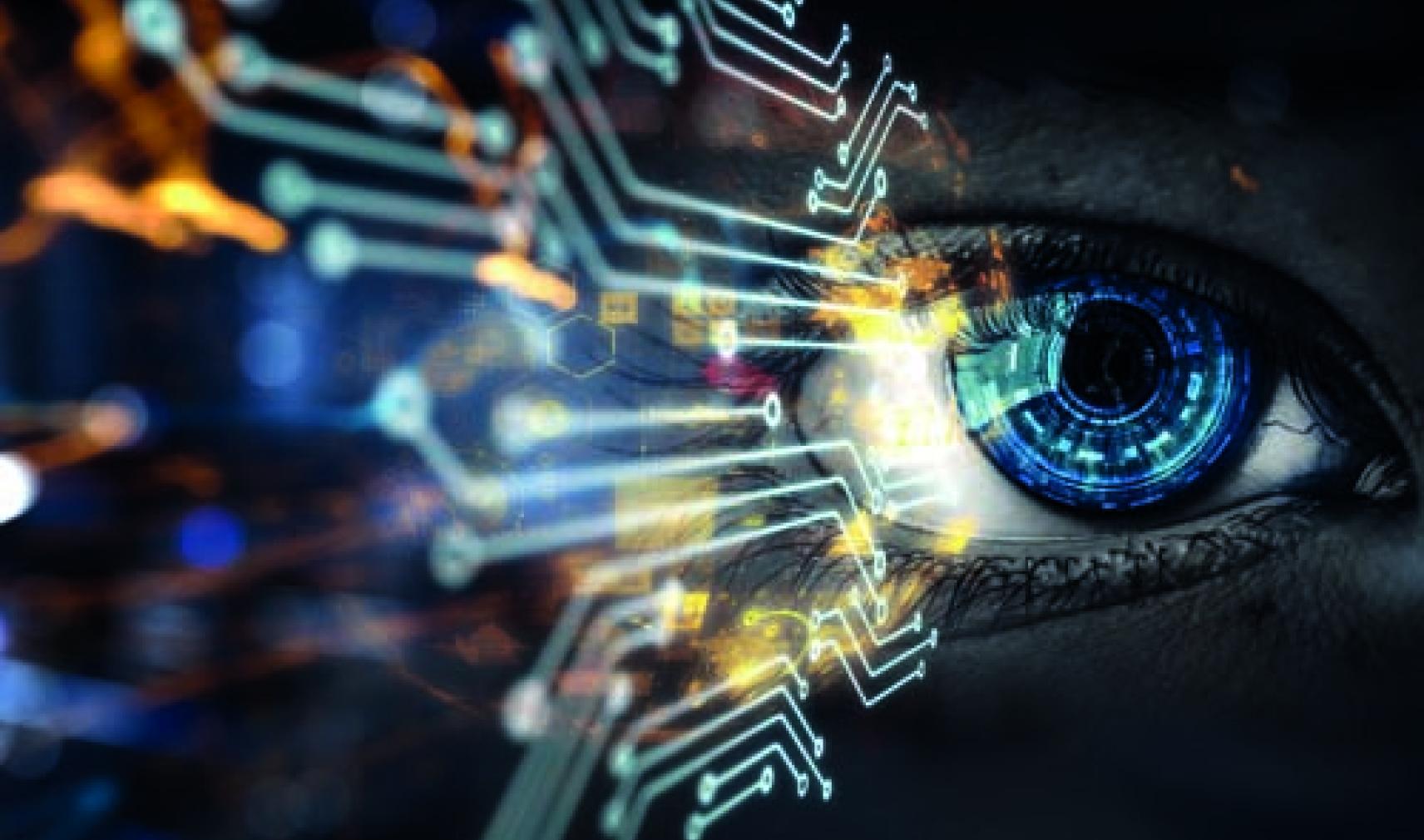 Eye behind circuit connections, representing physical AI