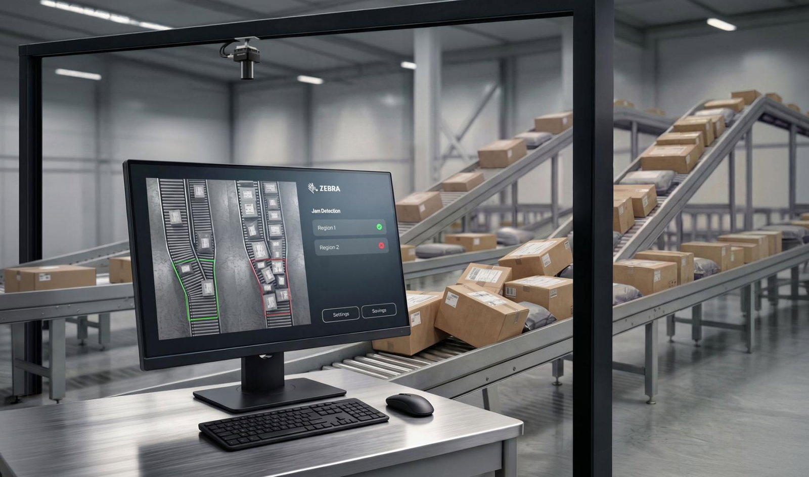 Vision software used on a computer in a logistics warehouse with parcels on conveyors in the background
