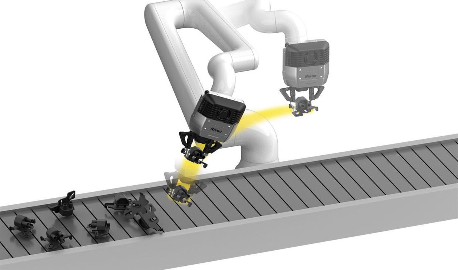 Nikon robot vision system scanning a conveyor