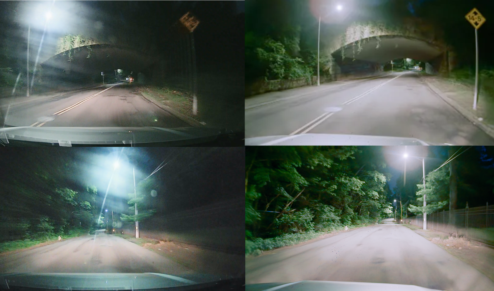 Four images of two scenes from different automotive dash-cameras of a night-driving scene. Two with motion blur, two without