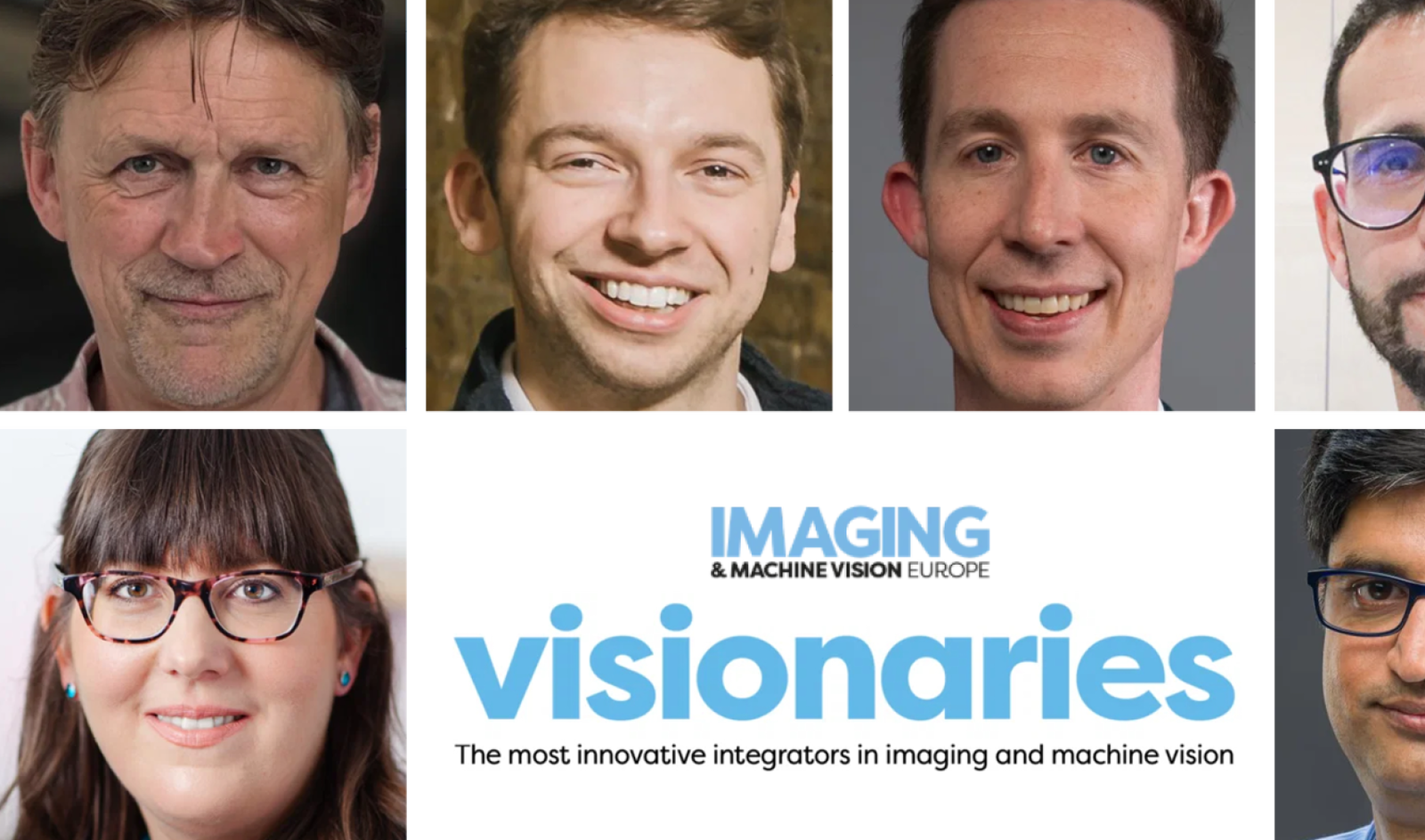 a montage of headshots of the IMVE Visionaries, surrounfing the Imaging and Machine Vision Europe Visionaries logo