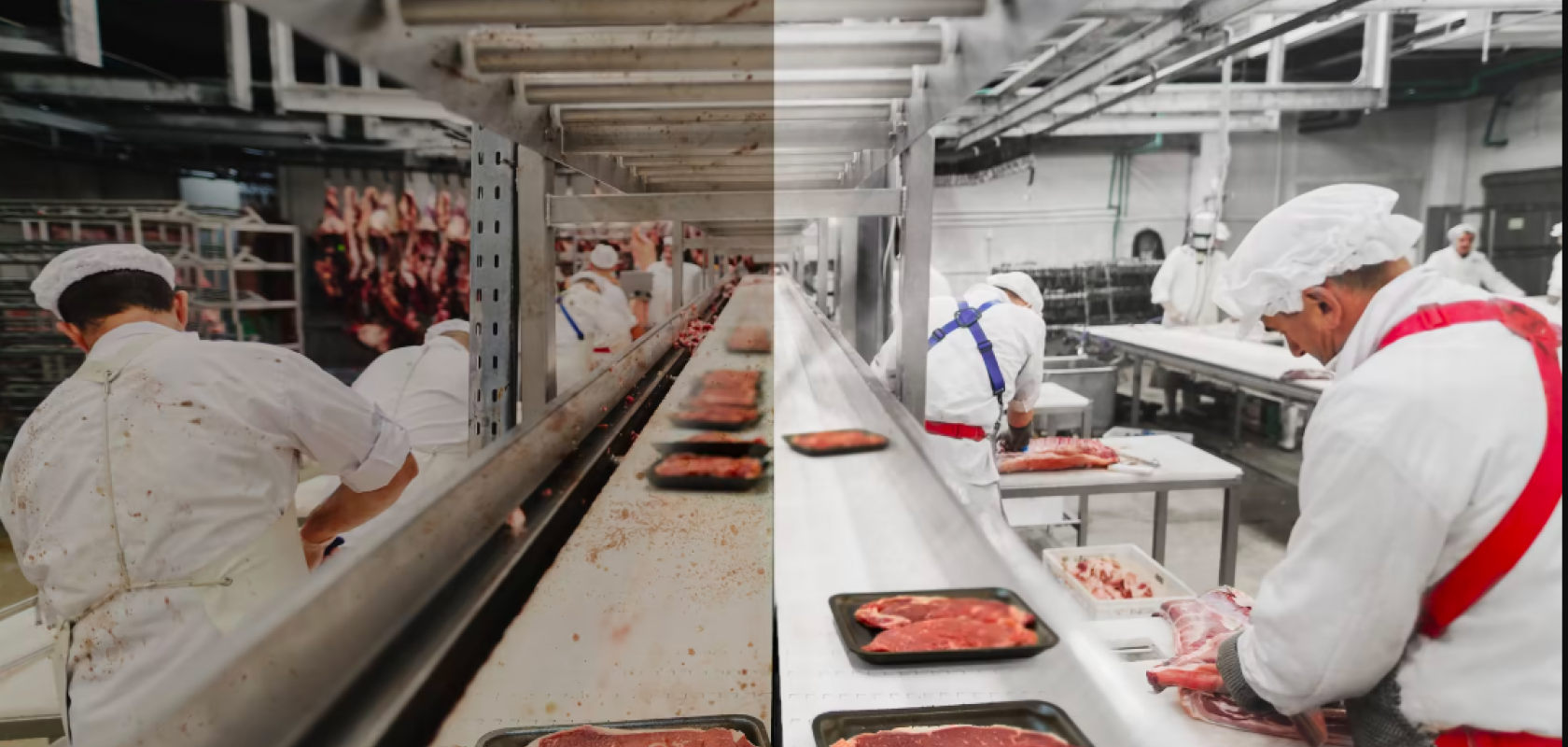 Workers on meat packing conveyor belt