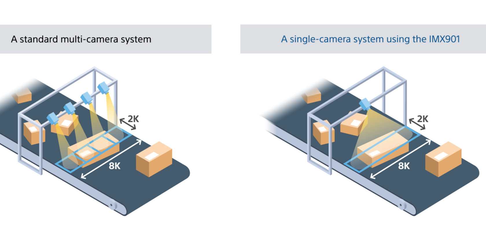 A single wide-angle camera can more effectively and efficiently cover the entire width of a conveyor belt over multiple cameras