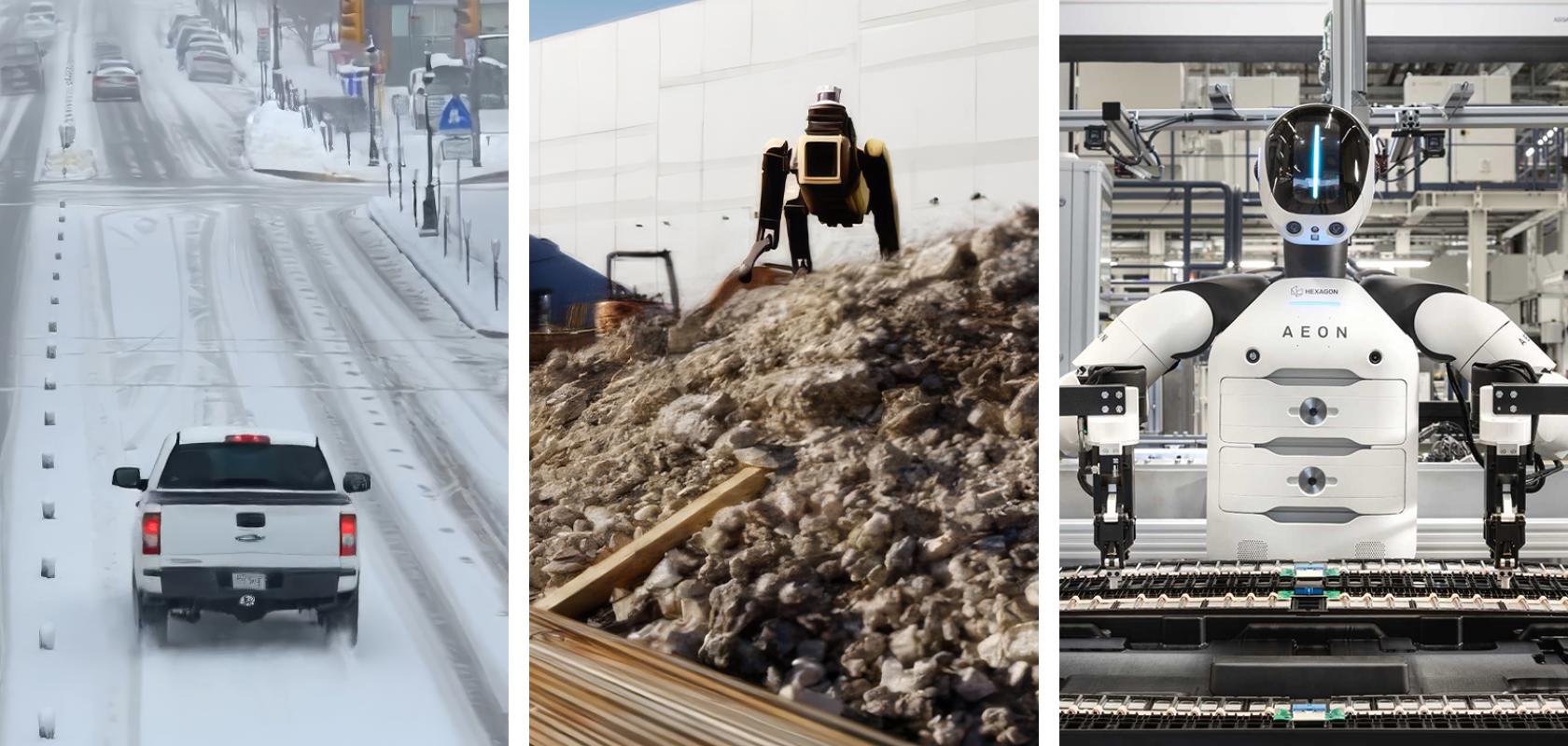 Car driving in snow and humanoid robots working in recycling and on a production line