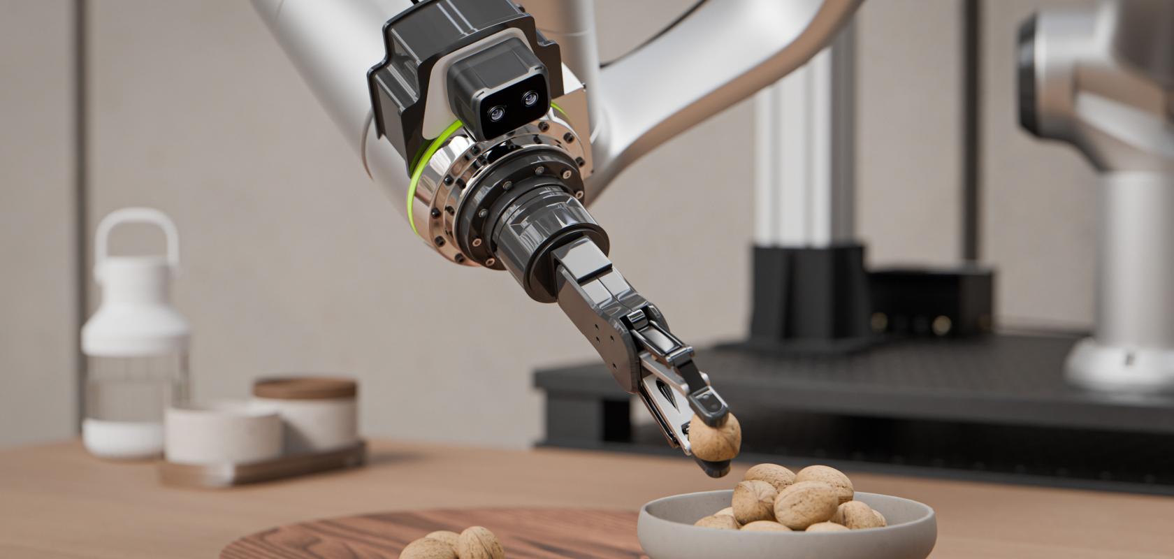 The wrist-mounted ZED X Nano camera, modelled by a robot arm