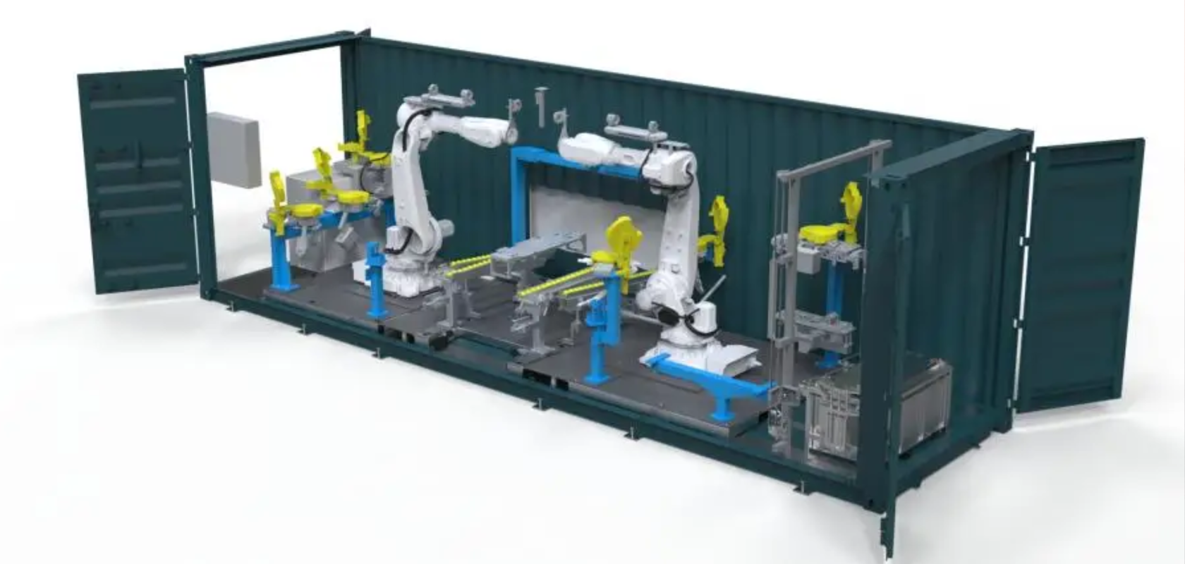 Visualisation of the module battery recycling facility fitting inside the footprint of a standard shipping container
