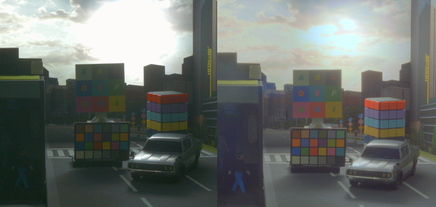 Comparison between imaging with standard image sensor with multiple exposure and new single-exposure image sensor