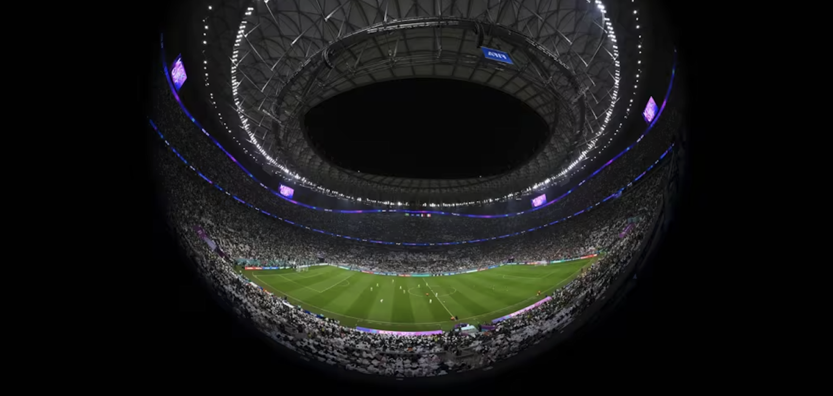 fish-eye view of Stadium 974 in Doha, Qatar, during the FIFA 2022 World Cup