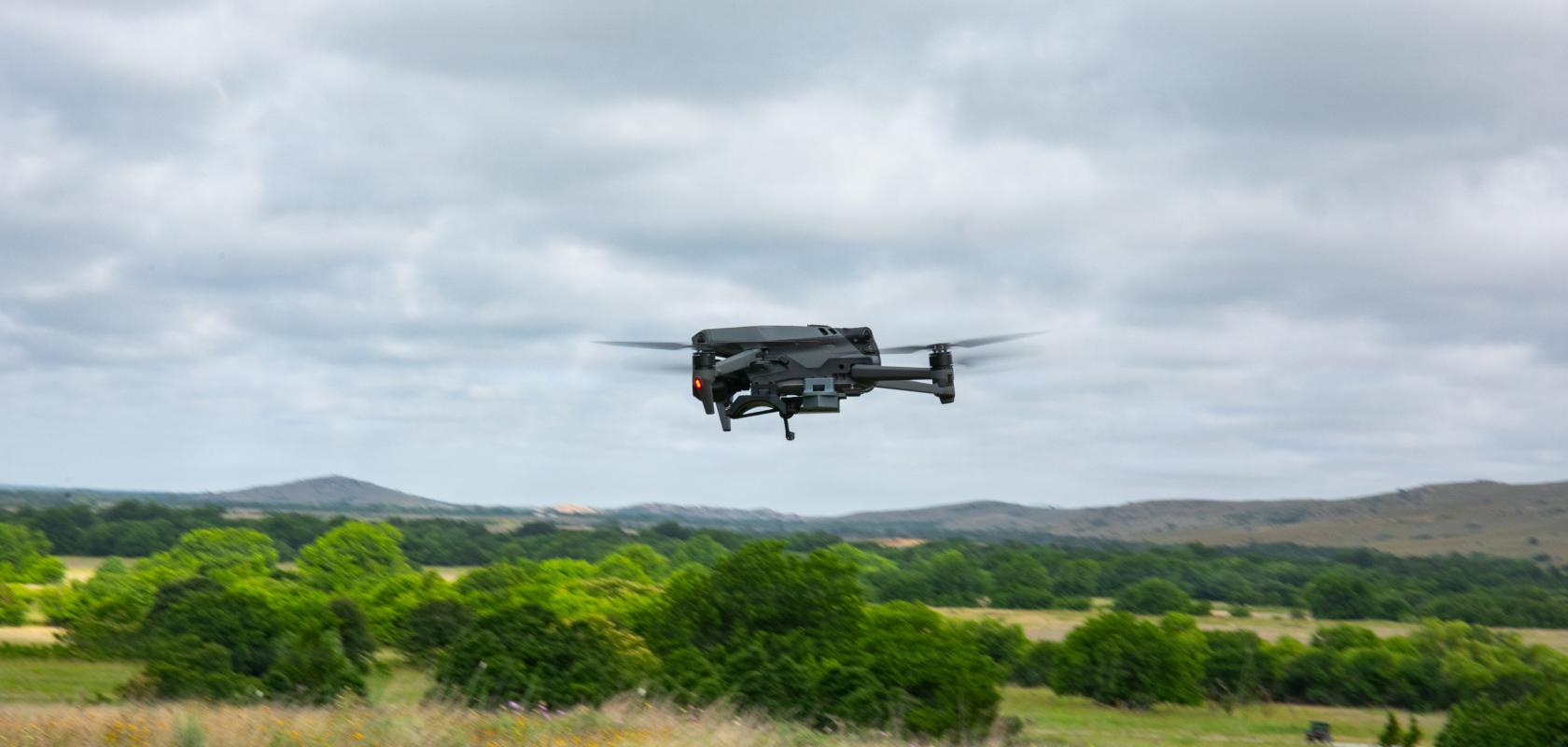 Unmanned aerial drone during US Marine training at Fort Still, Oklahoma, US