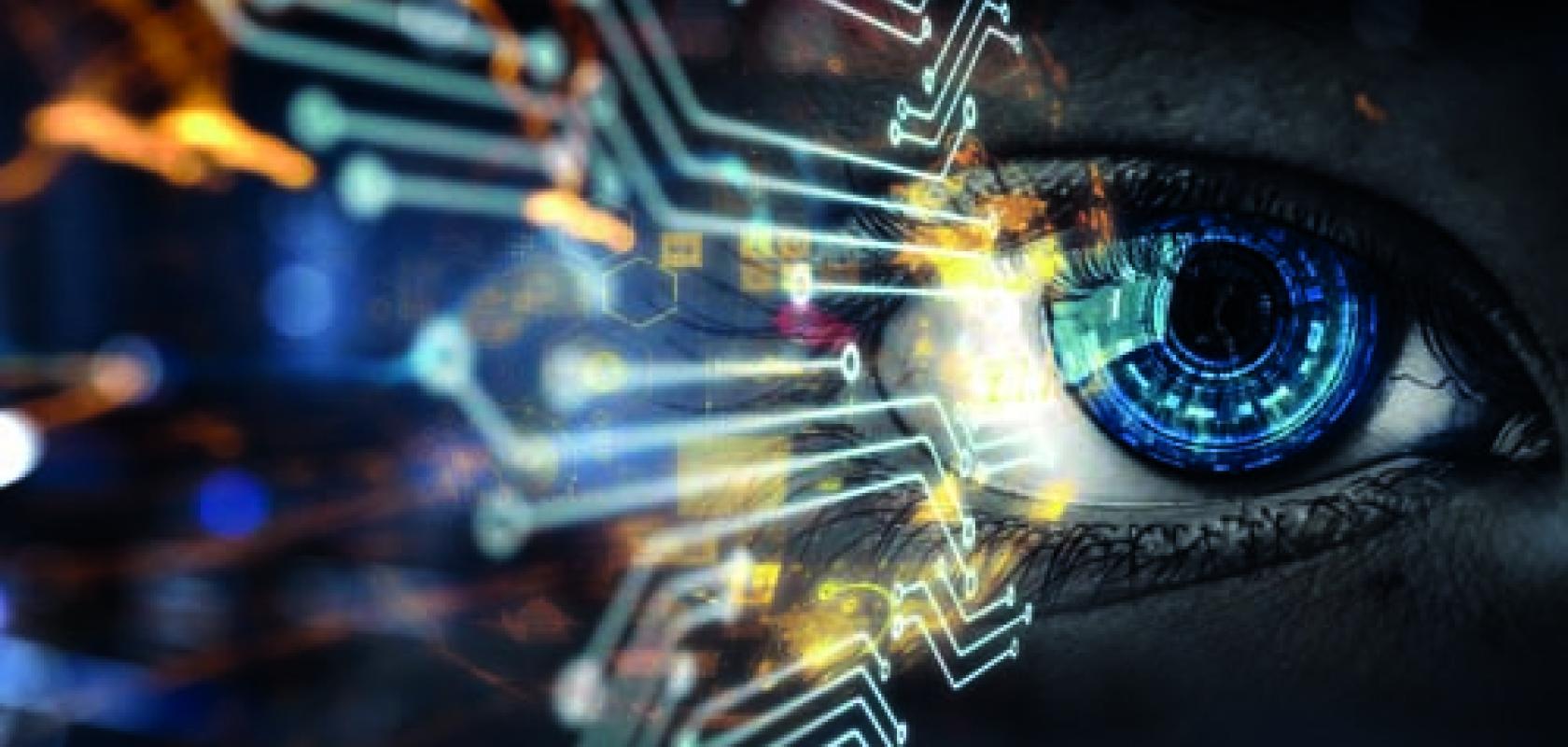 Eye behind circuit connections, representing physical AI
