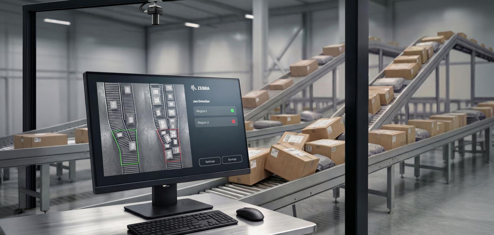 Vision software used on a computer in a logistics warehouse with parcels on conveyors in the background