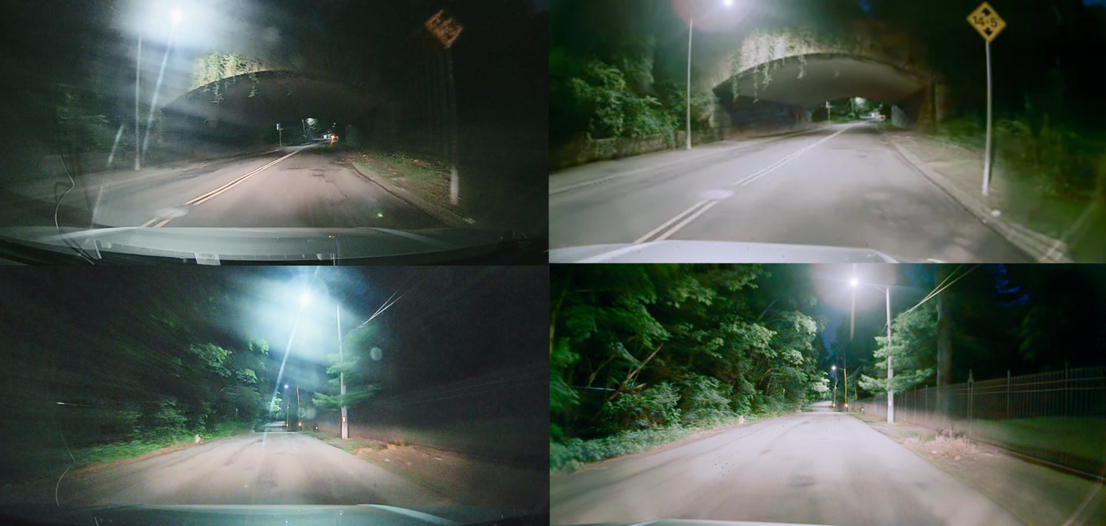 Four images of two scenes from different automotive dash-cameras of a night-driving scene. Two with motion blur, two without