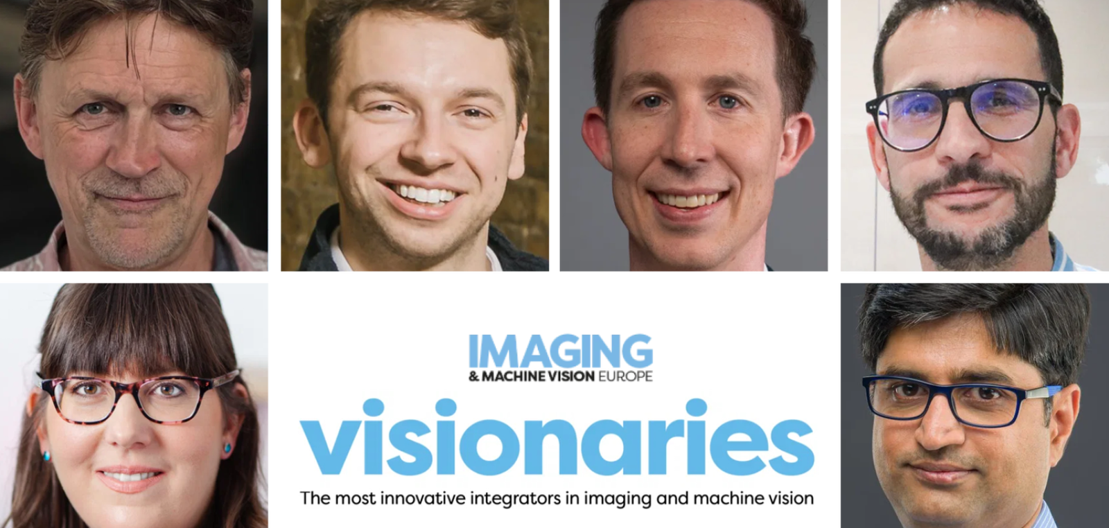a montage of headshots of the IMVE Visionaries, surrounfing the Imaging and Machine Vision Europe Visionaries logo