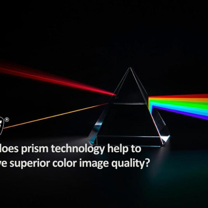 Diagram illustrating the separation of white light within a prism block. Incoming light passes through an IR cut-off filter, then the prism block separates the blue, red, and green spectral components onto separate paths