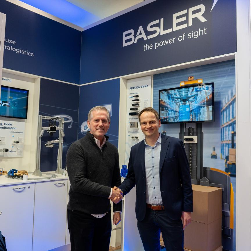 Mike McSweeney, Vice President of Sales at Orbbec, and René von Fintel, Executive Director Business Management at Basler announce partnership at LogiMAT 2026