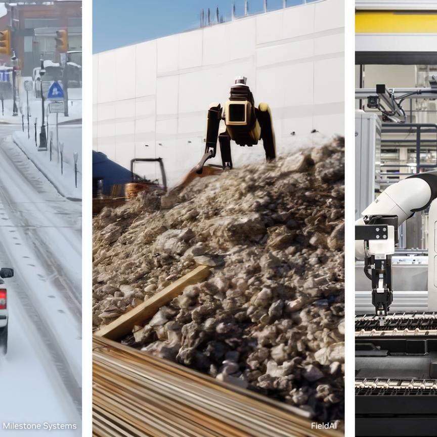 Car driving in snow and humanoid robots working in recycling and on a production line
