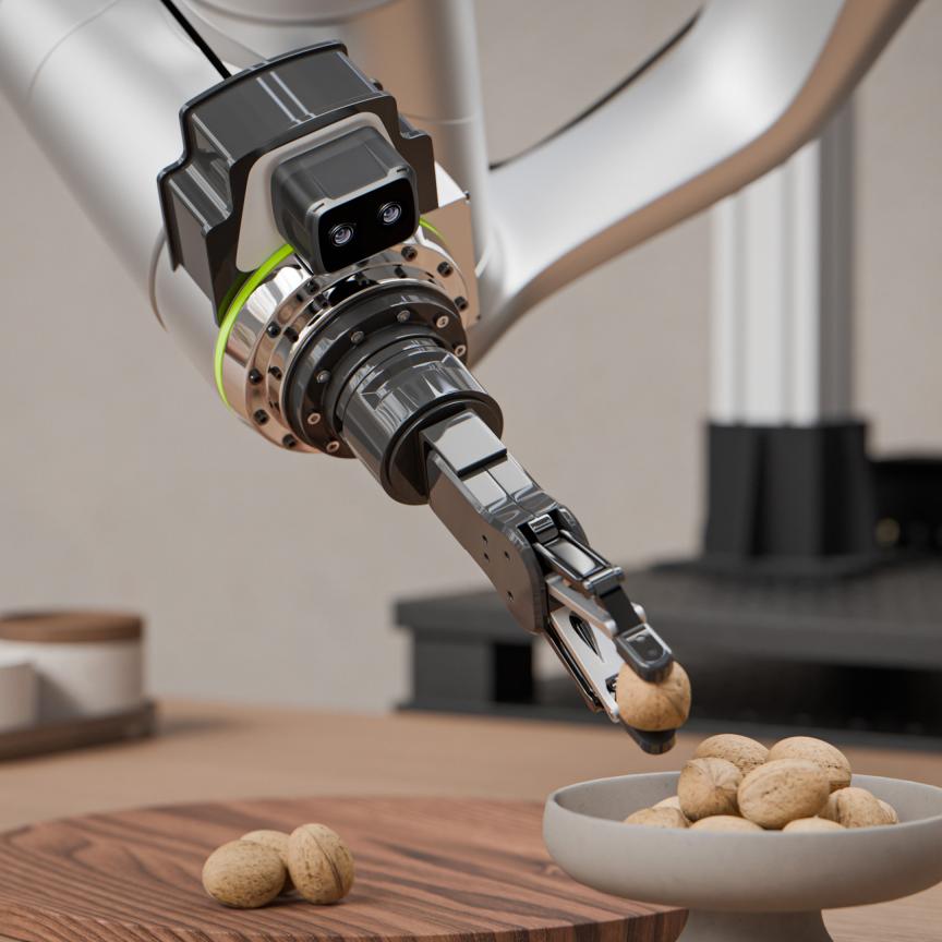 The wrist-mounted ZED X Nano camera, modelled by a robot arm