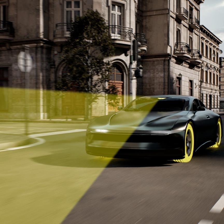 Depiction of a car with vision and tyre sensors gathering road data in Italy
