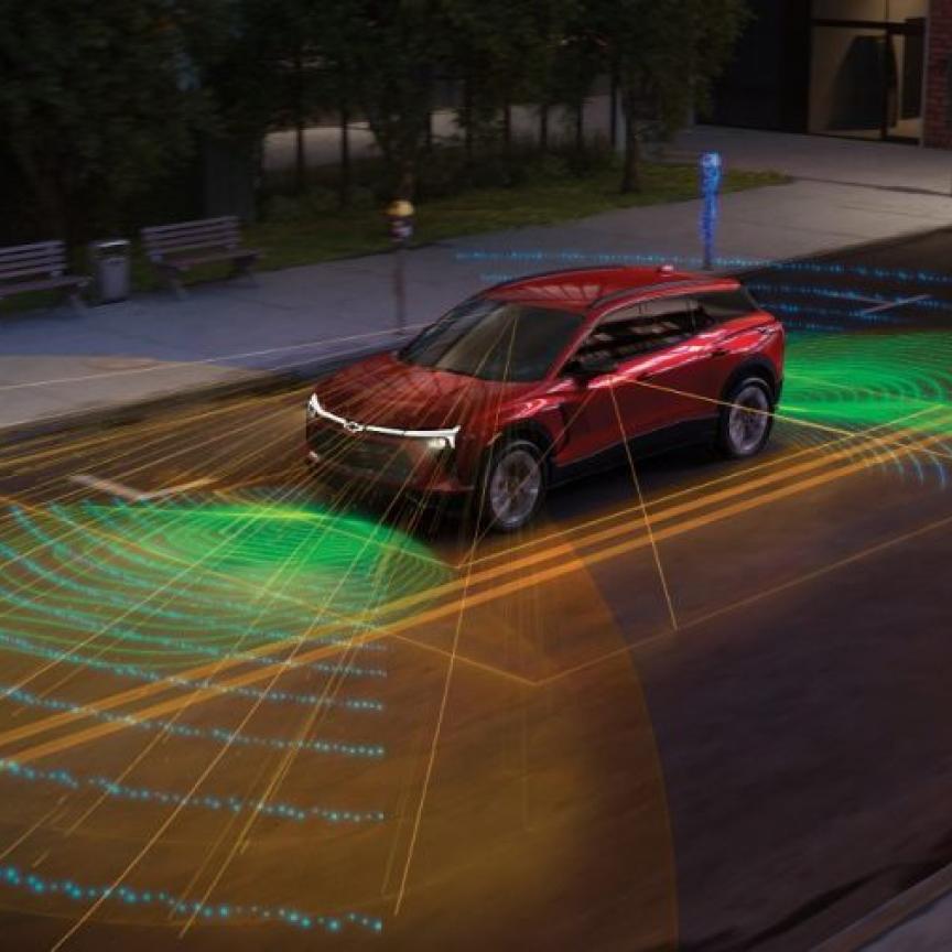 GM car with graphic of perception sensor running