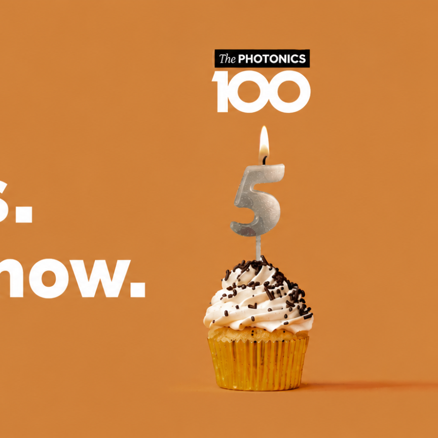 Promotional graphic for The Photonics100 featuring a cupcake topped with a lit silver number 5 candle against a warm orange background. Large white text reads: "100 names. 5 Years. Nominate now." The Photonics100 logo appears above the candle. The image celebrates the fifth anniversary of The Photonics100 and encourages nominations.