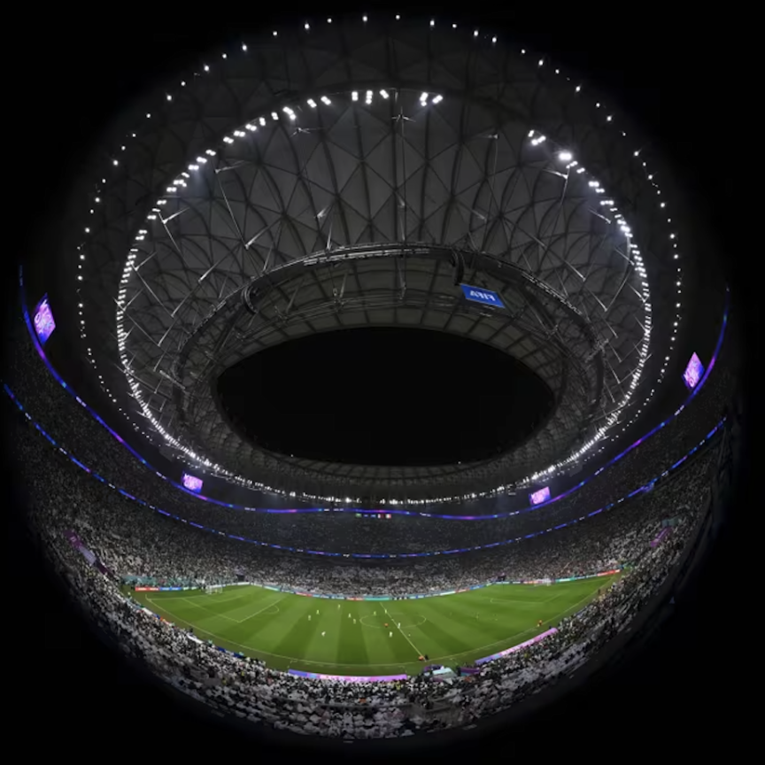 fish-eye view of Stadium 974 in Doha, Qatar, during the FIFA 2022 World Cup