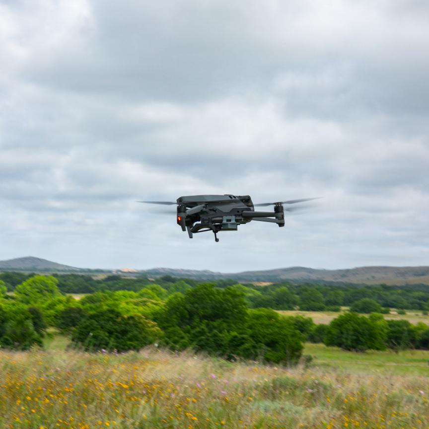 Unmanned aerial drone during US Marine training at Fort Still, Oklahoma, US