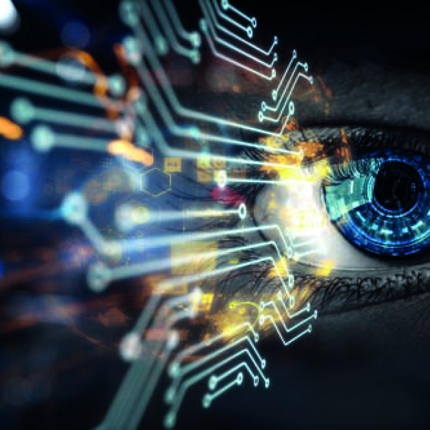 Eye behind circuit connections, representing physical AI