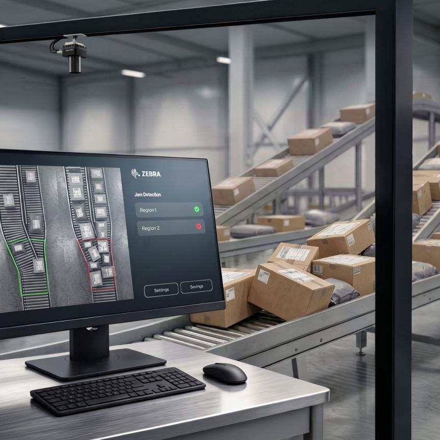 Vision software used on a computer in a logistics warehouse with parcels on conveyors in the background