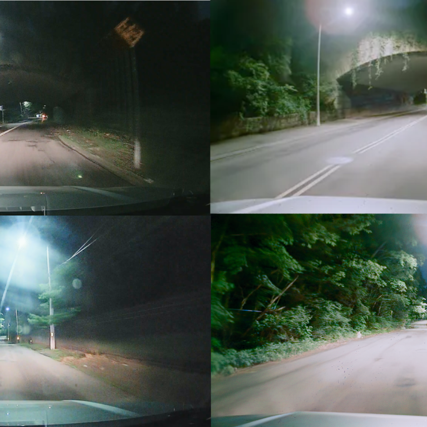 Four images of two scenes from different automotive dash-cameras of a night-driving scene. Two with motion blur, two without